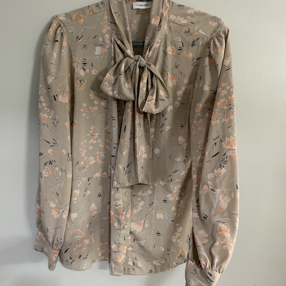 Calvin Klein Beige Floral Blouse with Bow